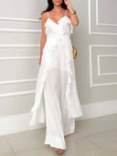 Ruffle Hem Suspender Top And Wide-leg Pants Suit