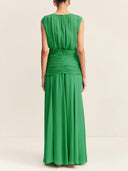 Elegant Pleated Drawstring Crew Neck Maxi Dress