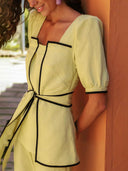 Elegant Puff Sleeve Black Piping Lace-up Shirt