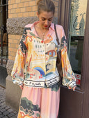 Unique Satin Landscape Print Loose Elastic Waist Pocket Wide Leg Pants