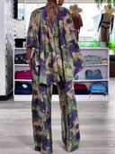 Printed Lace-up Shirt And Wide Leg Pants Suit-Pants