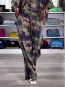 Printed Lace-up Shirt And Wide Leg Pants Suit-Pants