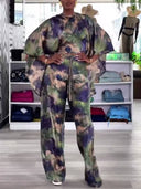 Printed Lace-up Shirt And Wide Leg Pants Suit-Pants