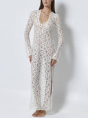 Summer Casual Lace Hook Flower Slit See-Through Holiday Lace Maxi Dress
