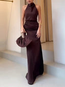 Elegant Holders Corner Satin Pleated Maxi Dress