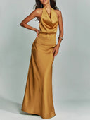 Elegant Chic Halter Neck Satin Party Maxi Dress