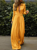 Exquisite And Fashionable Solid Color Button-Down Shirt And Elastic Waist Wide-Leg Pants Set