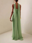 Elegant Sleeveless Pleated Long Skirt With Ribbon Strapless Dress