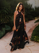Exquisite Open Back Paulownia Palm Print Satin Two Piece Suit