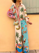 Unique Resort Island Print Elastic Waist Wide-leg Pants