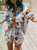 Unique Casual Scallop Painting Print Shorts Two-piece Set