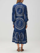 Exquisite Blue Ocean Print Lace-Up Single-Breasted Midi Dress