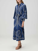 Exquisite Blue Ocean Print Lace-Up Single-Breasted Midi Dress