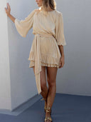 Elegant Pleated Round Neck Ruffle Mini Dress