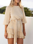 Elegant Pleated Round Neck Ruffle Mini Dress