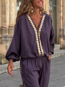Modern Feel Unique Gold Trim And Elastic Cuffs V-Neck Top