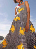 Holiday Embroidered Crab Pattern Swing Maxi Dress