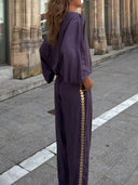 Modern Feel Unique Gold Trim And Elastic Cuffs V-Neck Top