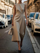 Elegant Pleats Solid Color Sleeveless Round Neck Casual Midi Dress