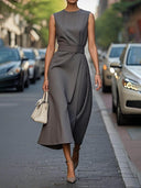 Elegant Pleats Solid Color Sleeveless Round Neck Casual Midi Dress