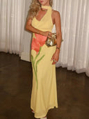 Elegant Painted Flower Print Scarf Ribbon Maxi Dress