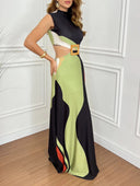 Elegant Abstract Floral Print Cutout Dress