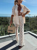 Classic Holiday Crochet Flowers Lace Short Sleeve Shirt and Elastic Waist Wide Leg Pants Set