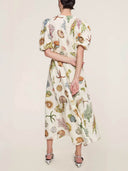 Unique And Personalized Graffiti Print Lantern Sleeve Fashionable Linen Dress