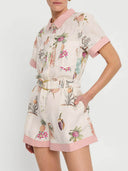 Elegant Floral Print Lace-Up Linen Cardigan Shirt Jumpsuit
