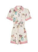 Elegant Floral Print Lace-Up Linen Cardigan Shirt Jumpsuit