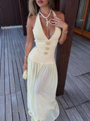 Fashion Halterneck Lace-up Deep V-neck Backless Maxi Dress