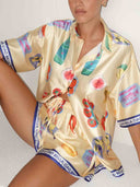 Unique Print Casual Lapel Cardigan Shorts Set