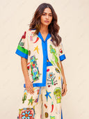 Personalized Printed Color Block Vacation Casual Loose Shirt
