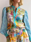 Classic Unique Print Linen Long-Sleeved Shirt And Shorts Set