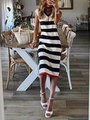 Classic Stripe Print V-Neck Slit Hem Dress