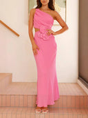 Oblique Collar Three-dimensional Flower Dress