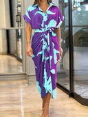 V-Neck Pleated Belt Short Sleeve Dress
