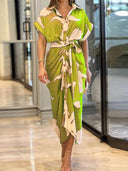 V-Neck Pleated Belt Short Sleeve Dress