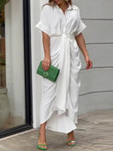 V-Neck Pleated Belt Short Sleeve Dress