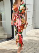 V-Neck Pleated Belt Short Sleeve Dress