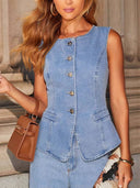 Minimalist Old Money Denim Vest Wide Leg Pants Set - Vest
