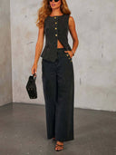 Minimalist Old Money Denim Vest Wide Leg Pants Set - Pants