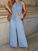 Minimalist Old Money Denim Vest Wide Leg Pants Set - Pants