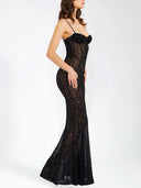 Elegant Leopard Print Mesh See-through Maxi Dress