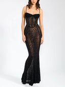 Elegant Leopard Print Mesh See-through Maxi Dress