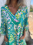 Printed V-neck Pullover Long-sleeved Loose Dress