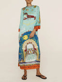 Exquisite Satin Unique Print Long-sleeve Tie-waist Slit Maxi Dress