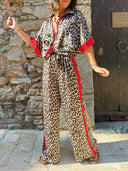 Exquisite Leopard Floral Print Contrast Wide-Leg Pants