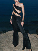 Elegant Off-shoulder Mesh Patchwork Flared Jumpsuit