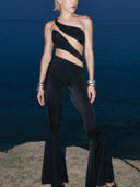 Elegant Off-shoulder Mesh Patchwork Flared Jumpsuit